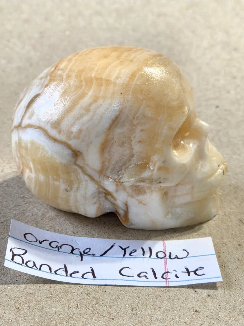 Detailed Orange/Yellow Banded Calcite Crystal Carved Skull Stone Sculpture Decor